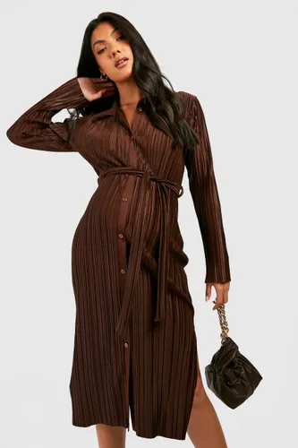 Womens Maternity Plisse Belted Shirt Midi Dress - Brown - 12, Brown
