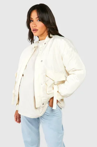 Womens Maternity Pocket Detail Oversized Bomber Jacket - White - 10, White