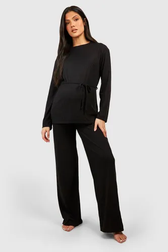 Womens Maternity Rib Belted Loungewear Set - Black - 8, Black