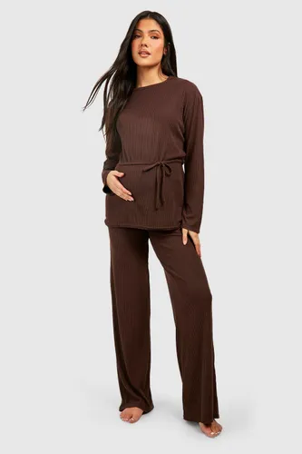 Womens Maternity Rib Belted Loungewear Set - Brown - 10, Brown