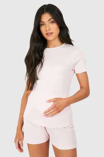 Womens Maternity Rib Lounge T-Shirt And Short Set - Pink - 8, Pink