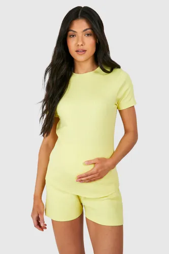 Womens Maternity Rib Lounge T-Shirt And Short Set - Yellow - 8, Yellow