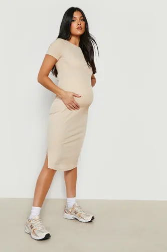 Womens Maternity Rib Short Sleeve Midi Dress - Beige - 14, Beige