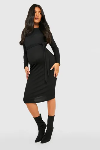 Womens Maternity Rib Tie Waist Midi Dress - Black - 14, Black