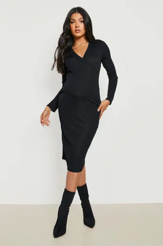 Womens Maternity Rib Wrap Midi Dress - Black - 8, Black