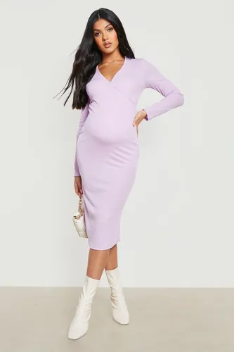 Womens Maternity Rib Wrap Midi Dress - Purple - 10, Purple