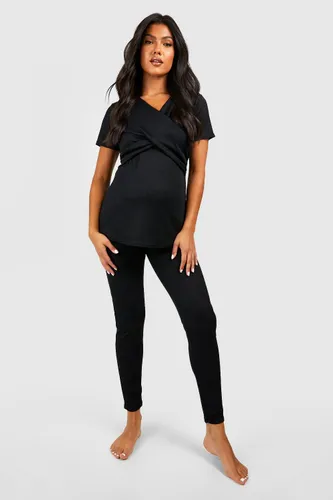 Womens Maternity Rib Wrap Nursing Pyjama Legging Set - Black - 8, Black