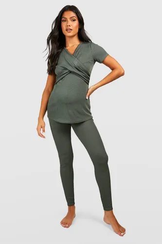 Womens Maternity Rib Wrap Nursing Pyjama Legging Set - Green - 8, Green