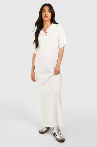 Womens Maternity Ribbed Collared Maxi T-Shirt Dress - White - 12, White