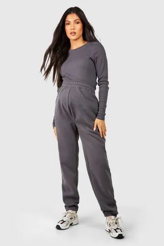 Womens Maternity Ribbed Crew Neck Top And Jogger Set - Grey - 8, Grey