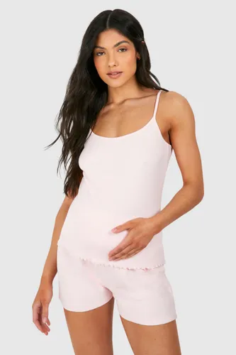 Womens Maternity Ribbed Strappy Cami Pyjama Short Set - Pink - 8, Pink