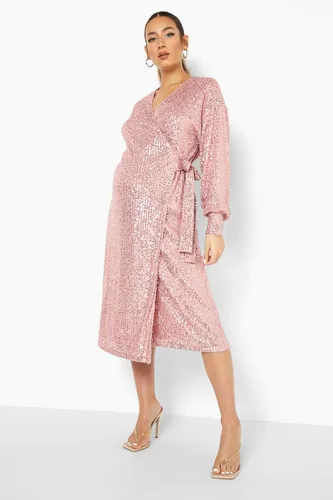 Womens Maternity Sequin Wrap Midi Dress - Pink - 8, Pink