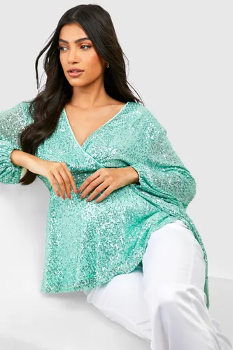 Womens Maternity Sequin Wrap Smock Top - Green - 8, Green