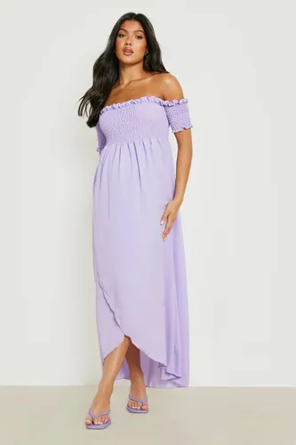 Womens Maternity Shirred Off Shoulder Maxi Dress - Purple - 8, Purple