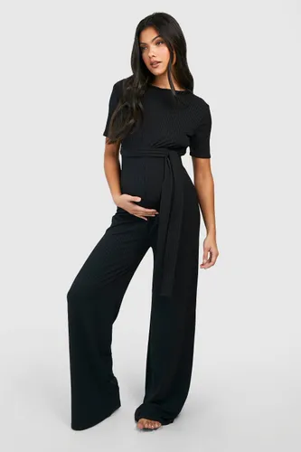 Womens Maternity Short Sleeve Belted Loungewear Jumpsuit - Black - 10, Black