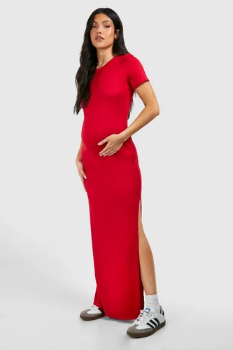 Womens Maternity Short Sleeve Split Hem Supersoft Maxi Dress - Red - 8, Red