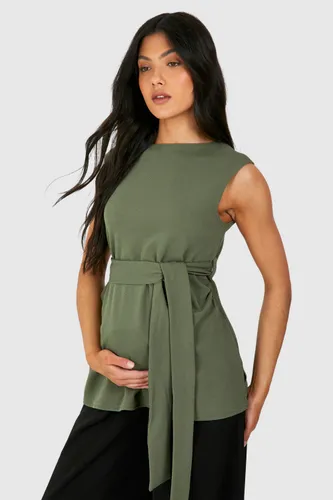Womens Maternity Sleeveless Belted Crepe Top - Green - 8, Green
