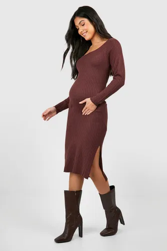 Womens Maternity Split Knitted Midi Dress - Brown - L, Brown