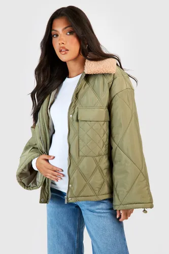 Womens Maternity Teddy Collar Quilted Puffer Jacket - Green - 12, Green