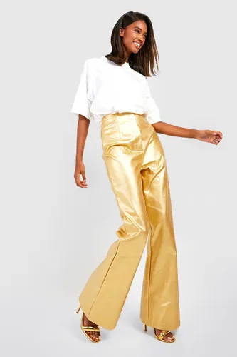 Womens Matte Metallic Leather Look Flared Trousers - Gold - 10, Gold