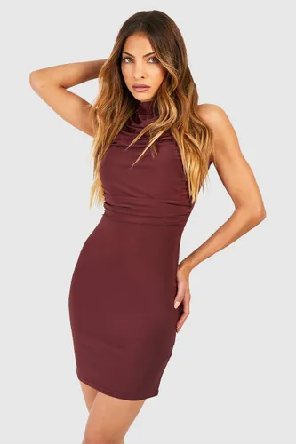 Womens Matte Slinky Rouched Mini Dress - Brown - 8, Brown