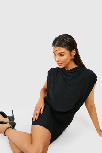 Womens Matte Slinky Rouched Shoulder Mini Dress - Black - 8, Black