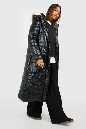 Womens Maxi Cire Panelled Padded Jacket With Faux Fur Trim - Black - 8, Black
