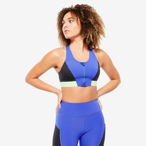 Women's Medium-support Zipped Sports Bra - Indigo Blue/grey/sorbet Green