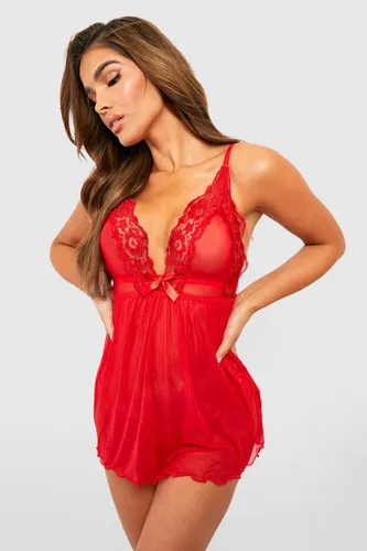 Womens Mesh And Lace Babydoll And String Set - Red - L, Red