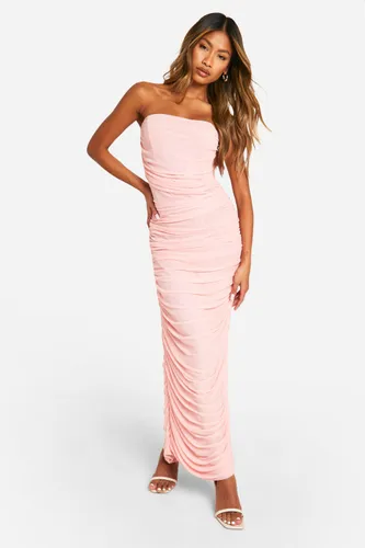 Womens Mesh Bandeau Ruched Maxi Dress - Pink - 8, Pink