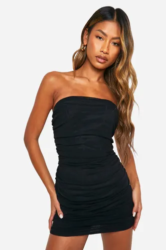 Womens Mesh Bandeau Ruched Mini Dress - Black - 8, Black