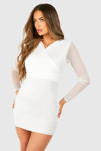 Womens Mesh Cross Over Ruched Mini Dress - White - 18, White