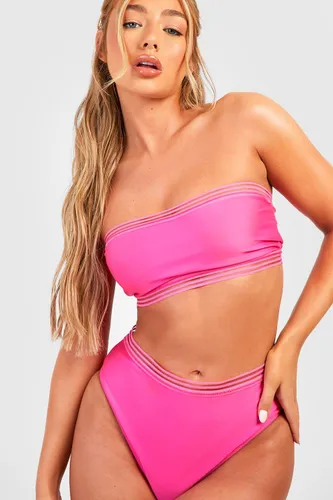 Womens Mesh Detail Bandeau High Waisted Bikini Set - Pink - 6, Pink