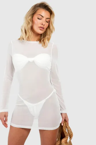 Womens Mesh Long Sleeve Beach Mini Dress - White - S, White