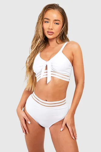 Womens Mesh Tape High Waisted Bikini Set - White - 6, White
