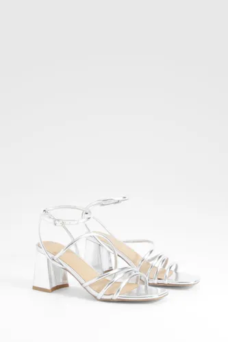 Womens Metallic Asymmetric Strap Low Block Heels - Grey - 3, Grey