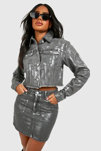 Womens Metallic Coated Crop Denim Jacket - Grey - 6, Grey