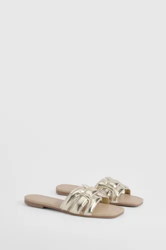 Womens Metallic Contrast Stitch Woven Mule Sandals - Gold - 3, Gold