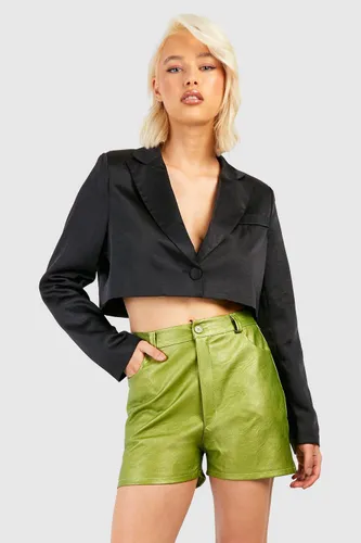 Womens Metallic Faux Leather Look High Waist Shorts - Green - 6, Green