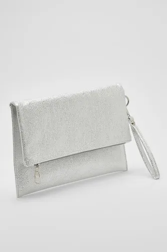 Womens Metallic Folded Basic Clutch Bag - Grey - One Size, Grey