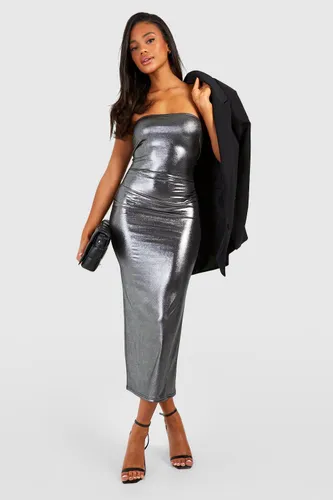 Womens Metallic Jersey Bandeau Midaxi Dress - Silver - 10, Silver