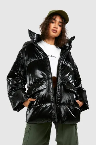 Womens Metallic Oversized Hooded Puffer Jacket - Black - 8, Black
