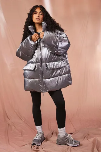 Womens Metallic Oversized Hooded Puffer Jacket - Grey - 8, Grey