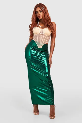 Womens Metallic Slip Fishtail Maxi Skirt - Green - 8, Green