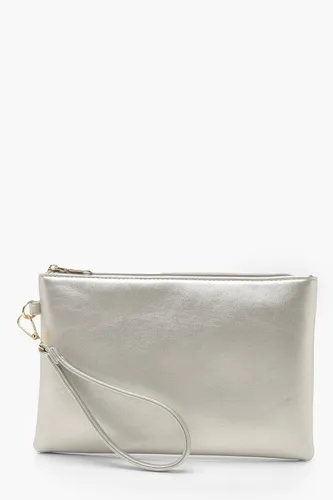 Womens Metallic Smooth Pu Zip Top Clutch Bag - Grey - One Size, Grey