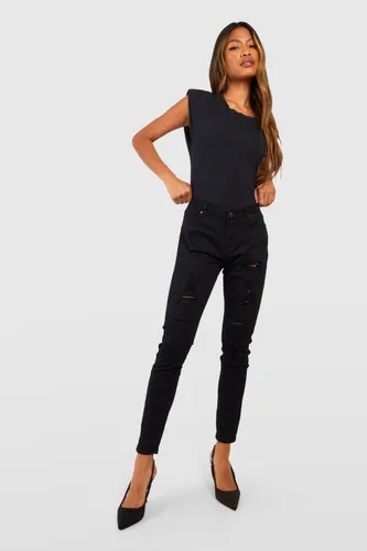 Womens Mid Rise Distressed Super Skinny Jeans - Black - 6, Black