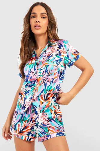 Womens Mixed Leopard Print Satin Pyjama Shirt & Short Set - Multi - 6, Multi