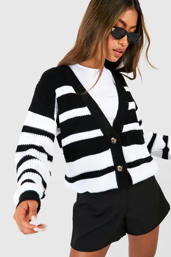 Womens Mixed Stripe Crop Cardigan - Black - L, Black