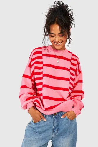Womens Mixed Stripe Oversized Jumper - Pink - S, Pink