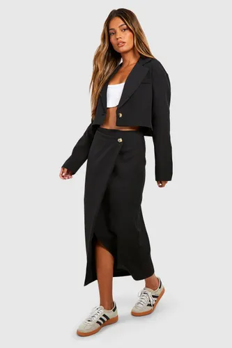 Womens Mock Horn Wrap Front Tailored Midaxi Skirt - Black - 10, Black